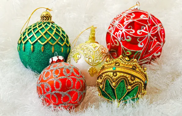 Decoration, holiday, balls, toys, New Year, green, Christmas, red
