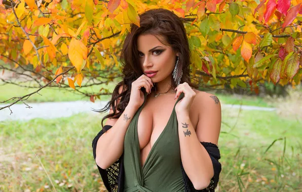 Autumn, chest, grass, eyes, look, girl, nature, face