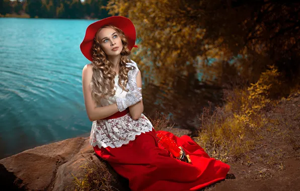 Girl, pose, style, river, skirt, hat, hands, blonde