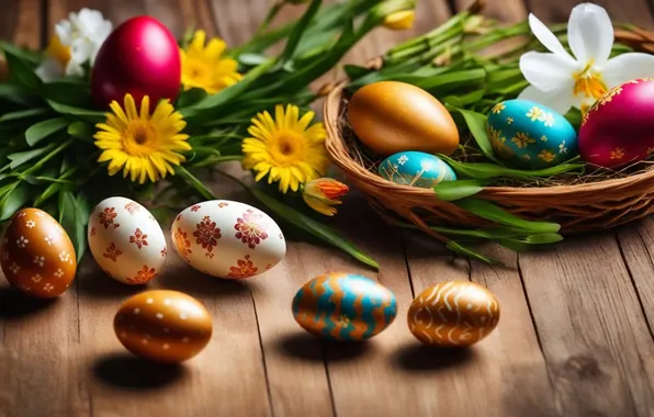 Picture flowers, eggs, spring, colorful, Easter, happy, flowers, spring