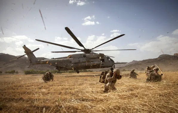 Field, mountains, the wind, soldiers, Afghanistan, Helicopter