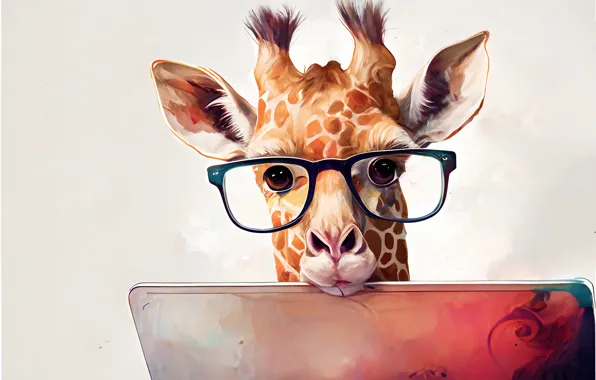 Look, portrait, glasses, giraffe, watercolor, painting, face, strokes