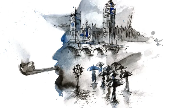 Picture bridge, people, rain, London, umbrellas, painting, Big Ben