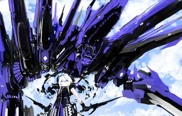 Girl, robot, anime, art, swords, white hair, unique style