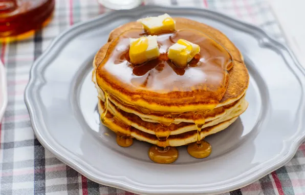 Oil, honey, plate, pancakes, the dough