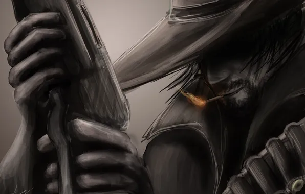 Picture figure, hat, cigarette, cowboy, cloak, cartridges, Winchester