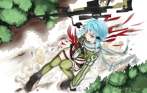 Girl, weapons, blood, dust, rifle, weapon, wound, sword art online