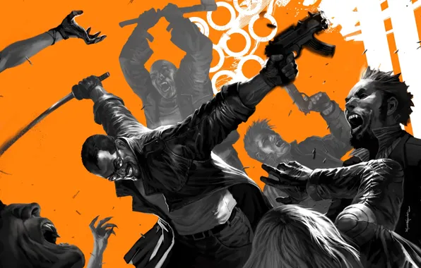Orange, katana, glasses, monsters, vampires, machine gun, blade, blayde