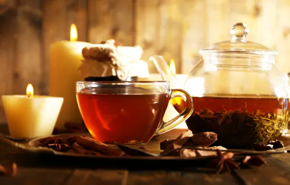 Picture tea, candles, kettle, Cup, cinnamon, carnation, saucer, welding