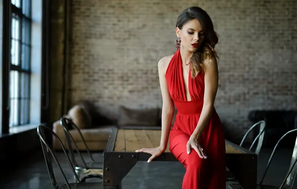 Girl, table, hair, portrait, figure, sitting, Eugene Fry