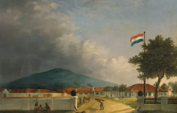 Picture landscape, oil, picture, 1849, Herman Theodorus Hesselaar, Sugar factory Kedawang in Pasuruan on Java