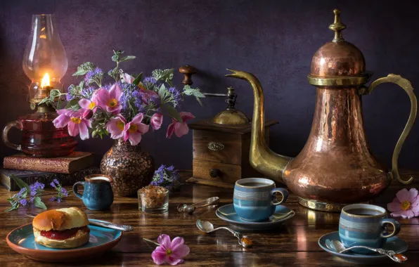 Picture flowers, lamp, coffee, Cup, still life, bun, anemones, coffee grinder