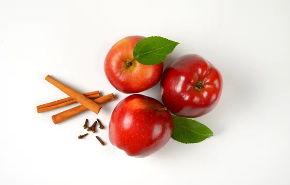 Picture leaves, red, apples, three, white background, fruit, cinnamon