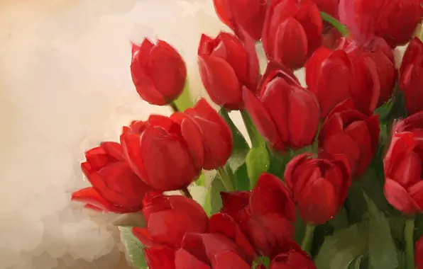 Picture background, bouquet, art, tulips, red