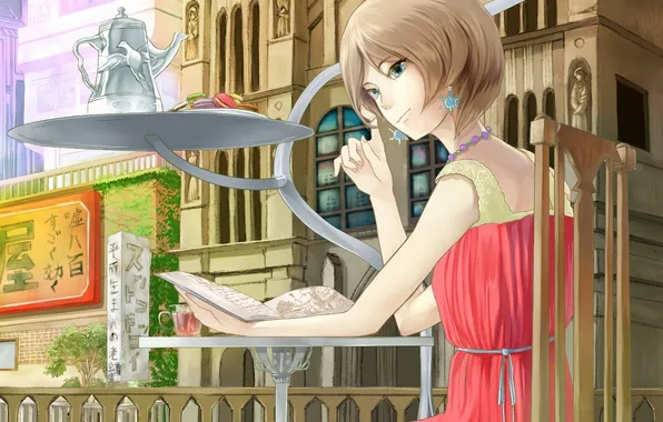 Picture girl, the city, earrings, art, cafe, book, table, sitting