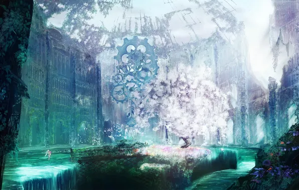 Picture girl, flowers, nature, tree, mechanism, anime, art, gear