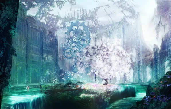 Girl, trees, flowers, nature, mechanism, anime, art, gear