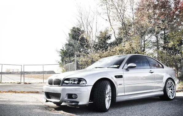 Picture the sky, trees, bmw, BMW, coupe, gate, silver, side view