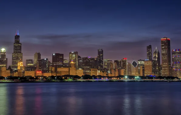 The city, lights, lake, home, Chicago, Skyline, Blue Hour, panorama