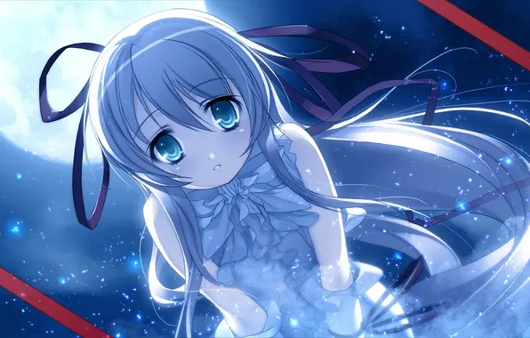 Picture look, night, the moon, anime, girl, blue color scheme