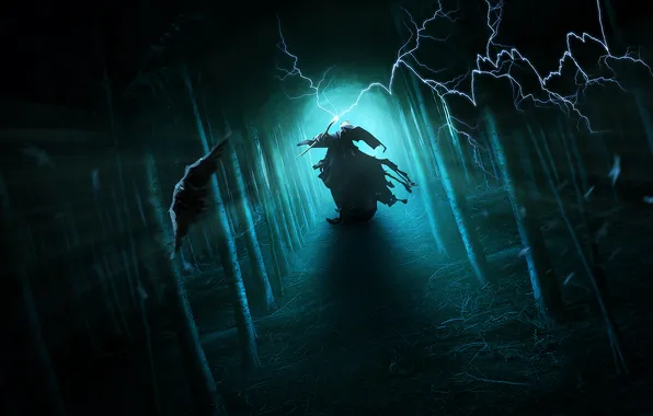 Picture forest, magic, lightning, staff, cloak, Raven, the sorcerer