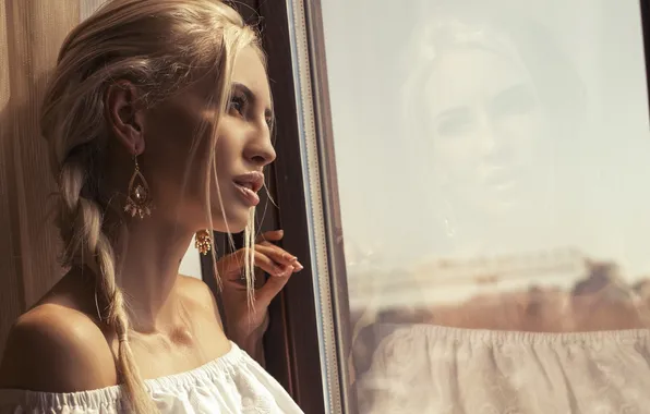 Girl, reflection, earrings, makeup, window, blonde, braid, manicure