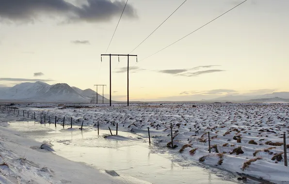 Picture field, snow, landscape, power lines