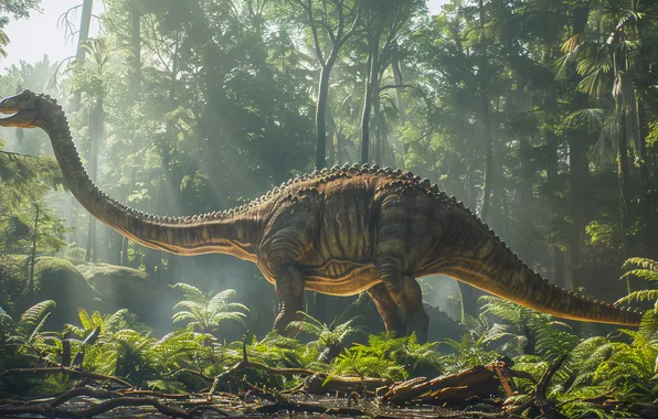 Trees, Dinosaur, Neck, Animal, Tail, Side, Digital art, Ancient animals