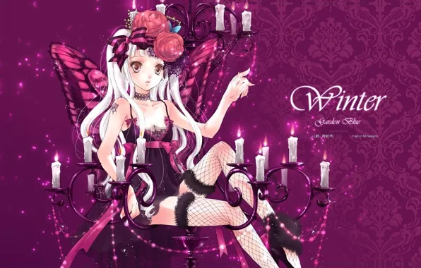 Candles, winter, the fishnets, chemise, purple background, flower in hair, chandelier, tattoo on shoulder