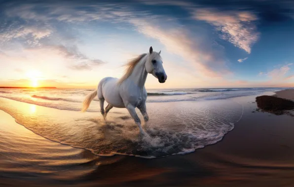 Sea, wave, beach, horse, shore, horse, art, running