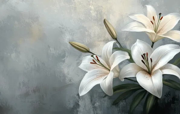 Flowers, wall, Lily, bouquet, white, grey background, imitation painting, AI art