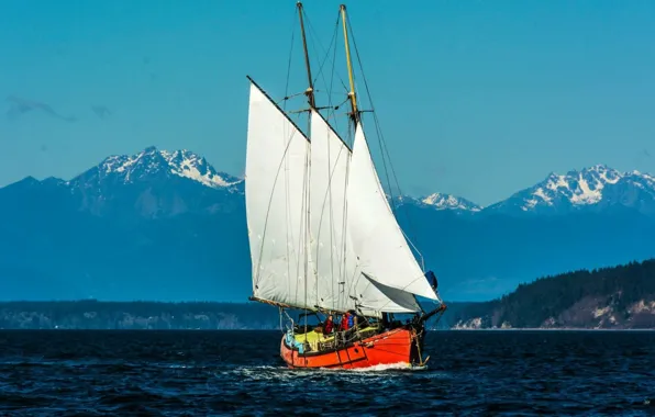 The ocean, coast, ship, sailboat, Alaska