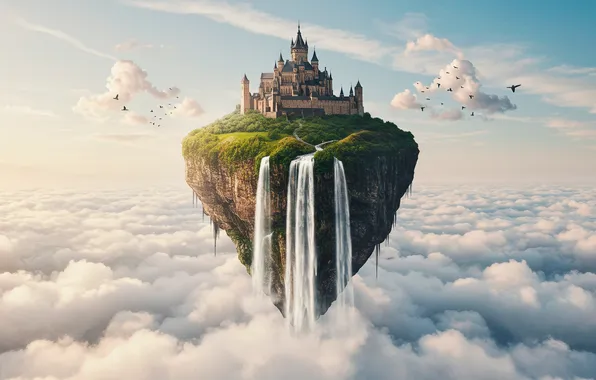 The sky, clouds, birds, castle, fiction, island, waterfall, art