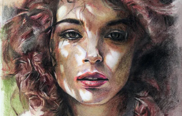Face, figure, strokes, lips, pastel, brown hair, portrait of a girl, curly hair