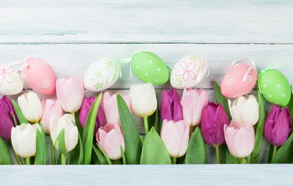 Picture flowers, eggs, spring, colorful, Easter, happy, wood, pink