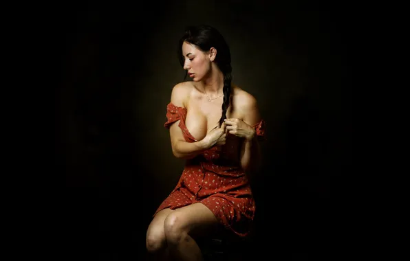 Dark, cleavage, dress, model, women, brunette, profile, dark background