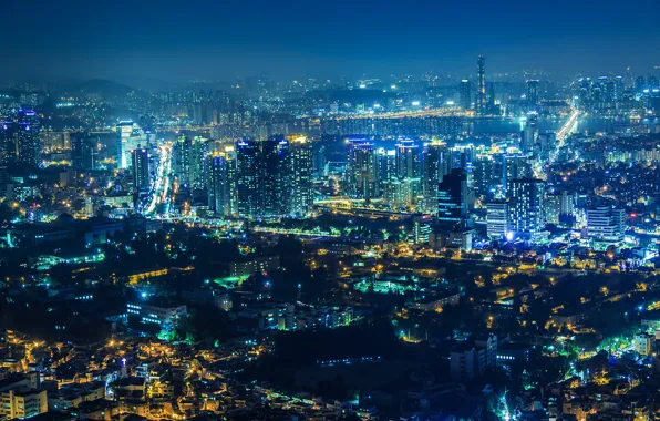 Night, the city, lights, view, home, panorama, skyscrapers, Seoul