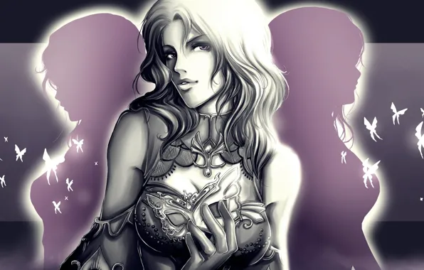Look, girl, butterfly, background, art, armor, white hair