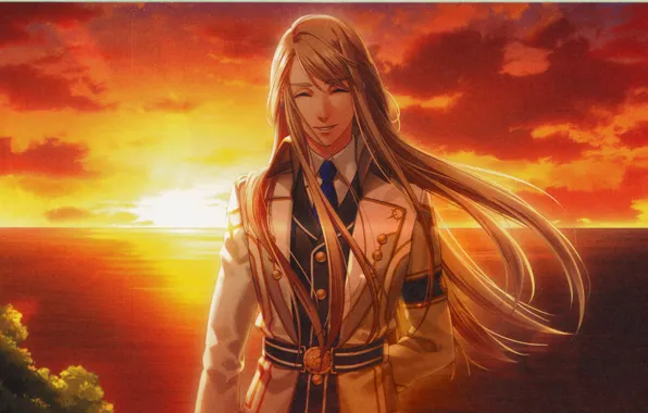 Picture sea, the sky, sunset, smile, guy, long hair, art, military uniform