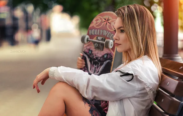 Picture girl, pose, hand, profile, skateboard, Artem Castle