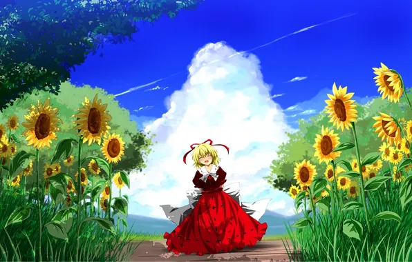 Picture the sky, grass, girl, clouds, joy, sunflowers, nature, art