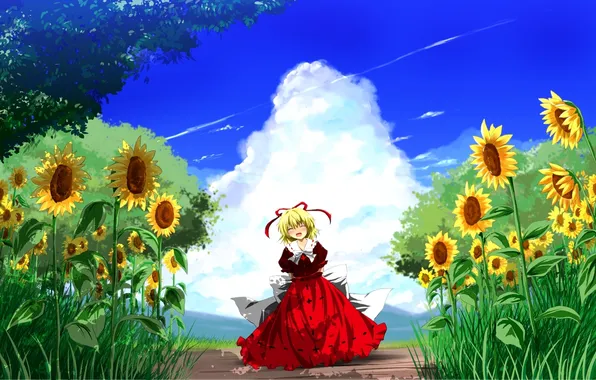 The sky, grass, girl, clouds, joy, sunflowers, nature, art