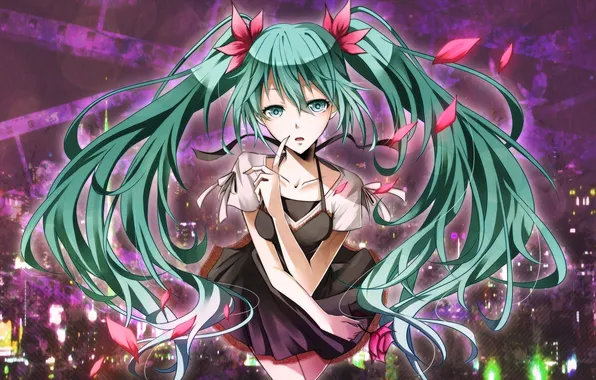 Picture flower, girl, petals, art, vocaloid, hatsune miku, Vocaloid, nou