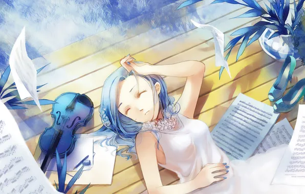 Girl, flowers, notes, violin, sleeping, shoes