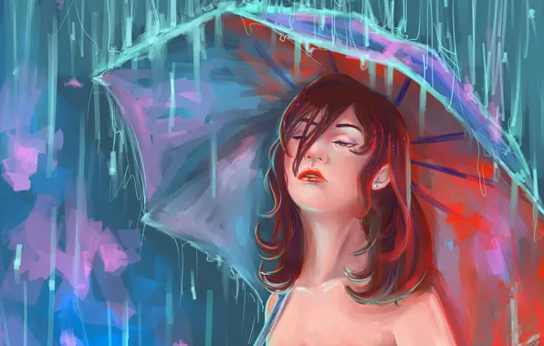 Look, girl, face, umbrella, rain, hair, art, painting