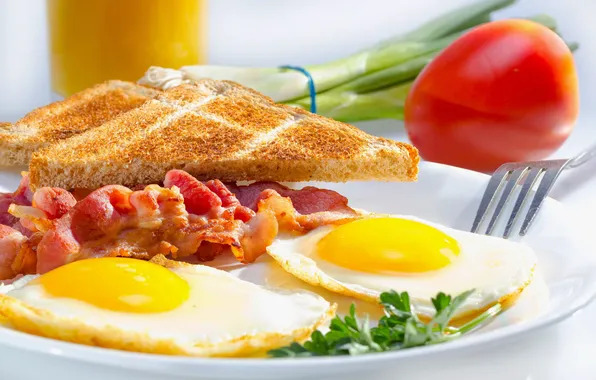 Breakfast, scrambled eggs, toast, breakfast, ham, tomato, ham, toasted