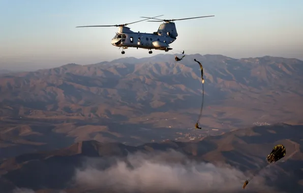 Flight, mountains, soldiers, helicopter, jumping, military transport, landing, heavy