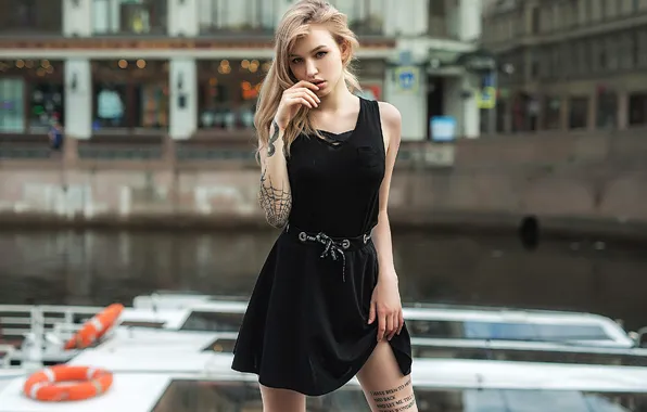 Girl, pose, model, blonde, girl, black dress, gesture, model