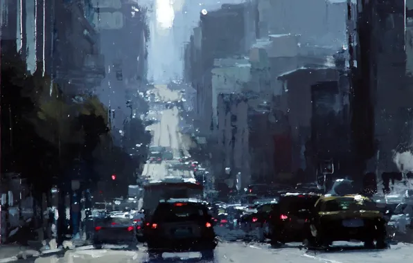 Road, machine, the city, street, traffic light, noon, jeremy mann, midday on bush street