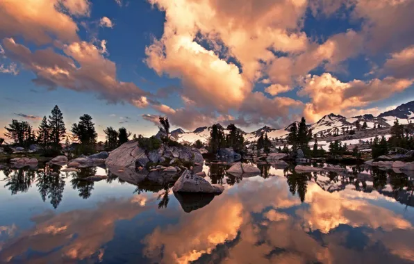 Picture clouds, trees, lake, rocks, CA, USA, John Muir Trail